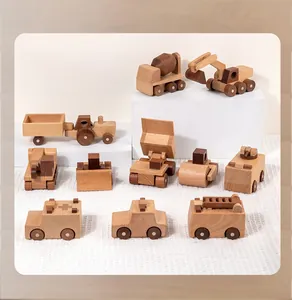 Detailed macro view of 11 handcrafted wooden construction toy vehicles in natural beech wood