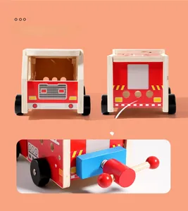 Detailed views of a wooden fire truck toy showing the front grille and rear coupling hook