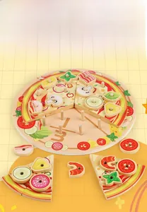 Detailed view of a wooden toy pizza set with removable toppings on a checkered background