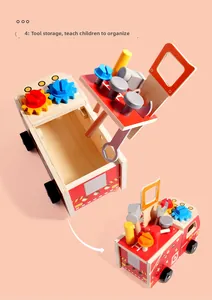 Detail of wooden fire truck tool kit showing storage box and colorful assembly tools