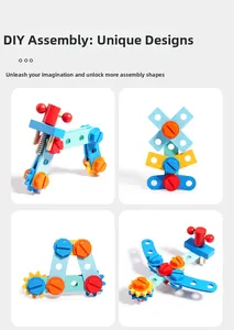 Detail view of colorful DIY wooden nuts and bolts assembly toy for motor skills