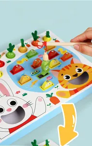 Détail du jouet Montessori en bois avec jeu de pêche magnétique et récolte de carottes