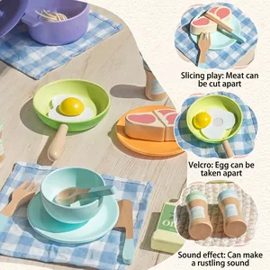 Wooden play kitchen set with toy cookware, salt and pepper shakers for kids
