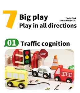 Close-up of wooden traffic educational toys including school bus and police car set