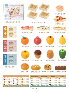 Vue détaillée du set d'aliments en bois pour enfants avec paniers et dimensions