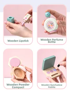 Close-up of wooden pretend lipstick, perfume, and eyeshadow play set for kids