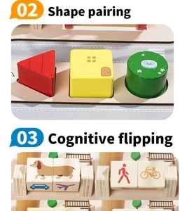 Detail of wooden activity table featuring shape pairing blocks and cognitive flip modules