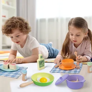 Wooden mini kitchen toy set with colorful pans and play food for kids role-playing
