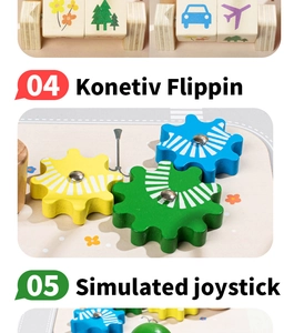 Detail of wooden busy board featuring rotating graphic blocks and colorful gears