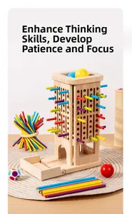 Detailed view of wooden pull-out stick tower game with colorful sticks and small balls