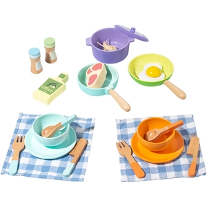 Kids wooden pretend play kitchen set with pots pans and cooking accessories on white background