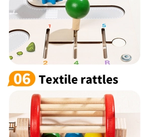 Detail of wooden activity board showing a gear shifter and rotating drum for baby motor skills