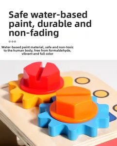 Detailed close-up of solid wood gears and bolts with safe water-based paint for kids