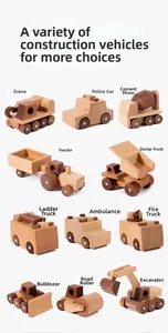 Collection of 11 diverse wooden construction toy vehicles in a minimalist layout