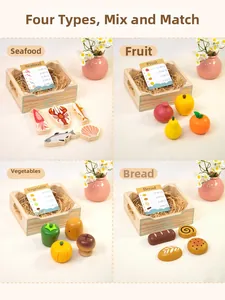 Détail de sets d'aliments de jeu en bois comprenant fruits et caisses de rangement