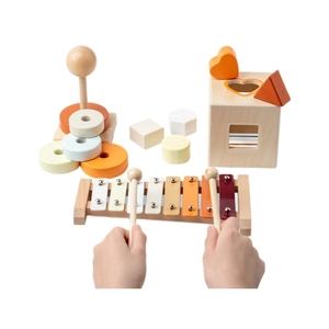 Wooden Orff musical toy set with xylophone and shape sorter in Morandi colors