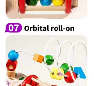 Close-up of colorful wooden beads and white metal orbital wire on the activity table