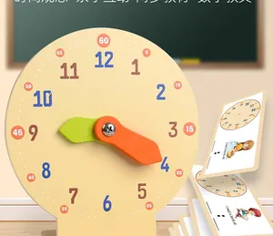 Educational wooden clock toy set with interactive learning cards for teaching time