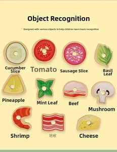 Detailed grid of 11 wooden toy food slices including tomato and mushroom for kids