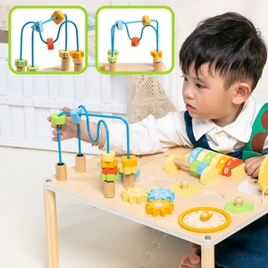 Tavolo attività in legno per bambini con labirinto di perline e orologio didattico
