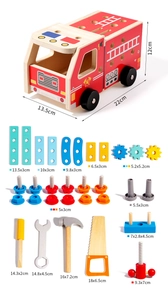 Detailed components list and dimensions for wooden fire truck assembly toy set