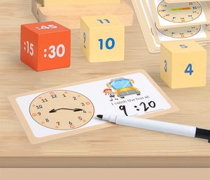 Educational wooden clock set with colorful number blocks and bilingual learning cards