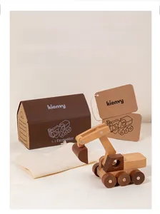 Detailed set of wooden excavator toy with natural wood car, storage box, and cotton bag