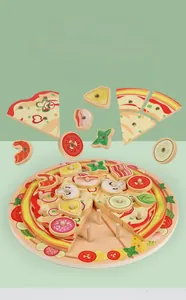 Detail of wooden pizza toy set with detachable toppings and realistic slice design