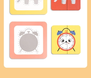Matching game with shadow animal puzzle cards showing elephant and clock for kids