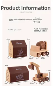 Macro view showing dimensions of solid wood excavator and concrete mixer toys