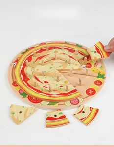 Detail showing kids wooden pizza puzzle pieces with colorful vegetable toppings