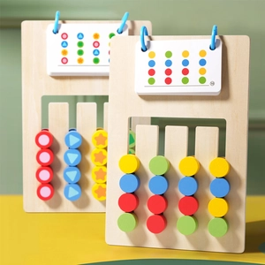 Double-sided wooden logic puzzle toy with colorful sliding blocks for kids early learning