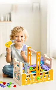 Detail view of wooden engineer toolbox with colorful gears and nuts for toddlers
