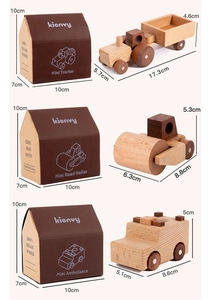 Detailed size specifications for three wooden toy vehicles with 100% real wood packaging