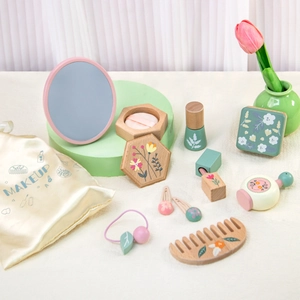 Kids Wooden Simulation Makeup Toy Set Korean Style Floral Pattern Pretend Play Cosmetics Kit With Storage Bag For Girls