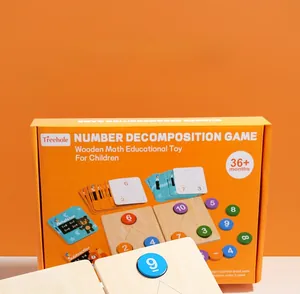Wooden math toy detail showing addition cards and colorful numbered decomposition blocks