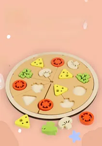 Macro view of wooden toy pizza slices with realistic vegetable toppings on a play tray