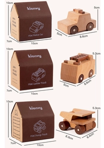 Detailed view of kienvy wooden toy car set with branded packaging boxes and size dimensions