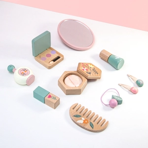 Wooden makeup toy set for girls with mirror, lipstick and eyeshadow in mint green