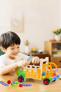 Detail of child assembling wooden tool truck toy with colorful nuts and gears