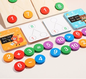 Detail of wooden math learning toy set with addition and subtraction cards for kids