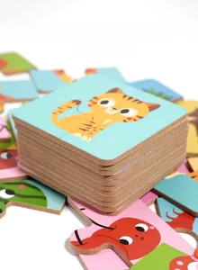 Detailed view of thick wooden puzzle pieces with rounded edges and vibrant animal prints