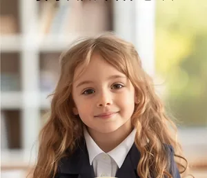 Young girl in school uniform using the wooden educational teaching clock to learn time