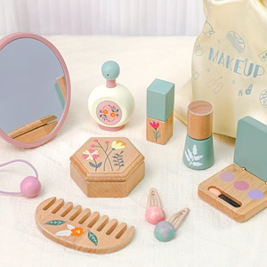 Kids wooden makeup toy set with pink vanity mirror and floral perfume bottle in a pouch