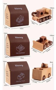 Detailed size chart for wooden construction toy set including crane and bulldozer