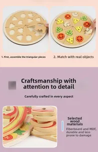 Macro view of wooden toy pizza slices with shape matching slots for fine motor training