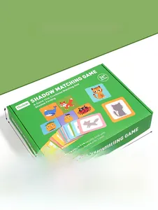 Macro shot showing dimensions and colorful animal shadow matching cards in a green box