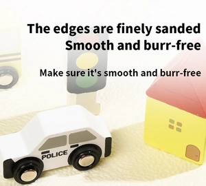 Detailed shot of smooth wooden police car and traffic light toy with rounded edges