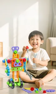 Detailed close-up of a DIY wooden robot assembly toy kit with colorful screws and nuts