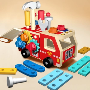 Educational wooden fire truck toy set with assembly tools for kids motor skills